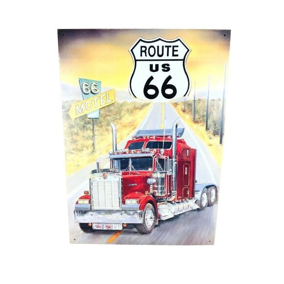 Vintage Route 66 Semi Truck Trucker Tin Sign Man Cave Garage Mechanic Ba…